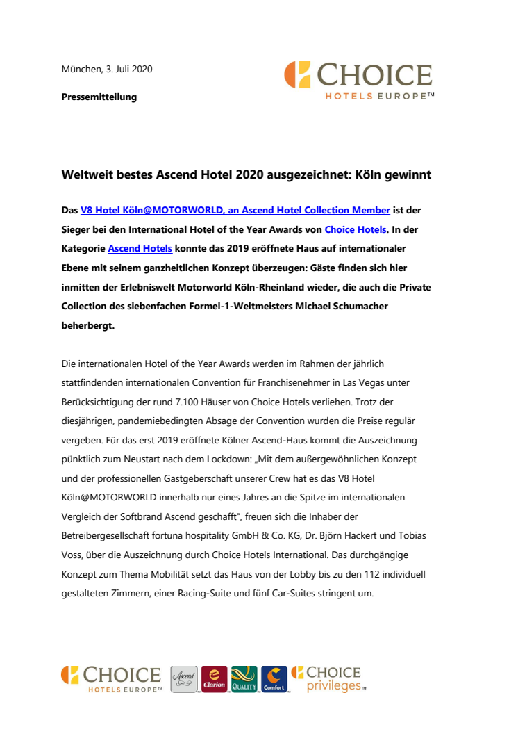 Weltweit bestes Ascend Hotel 2020 ausgezeichnet: Köln gewinnt  