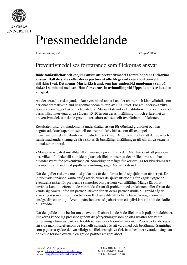 Preventivmedel ses fortfarande som flickornas ansvar