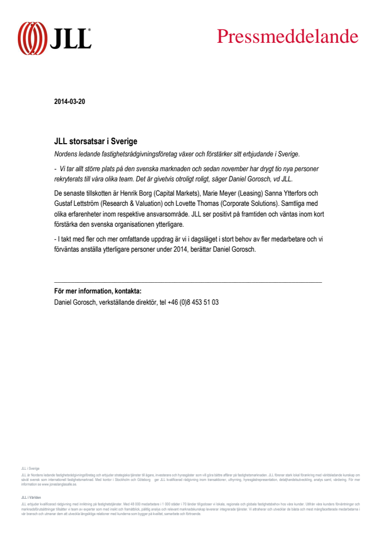 JLL storsatsar i Sverige