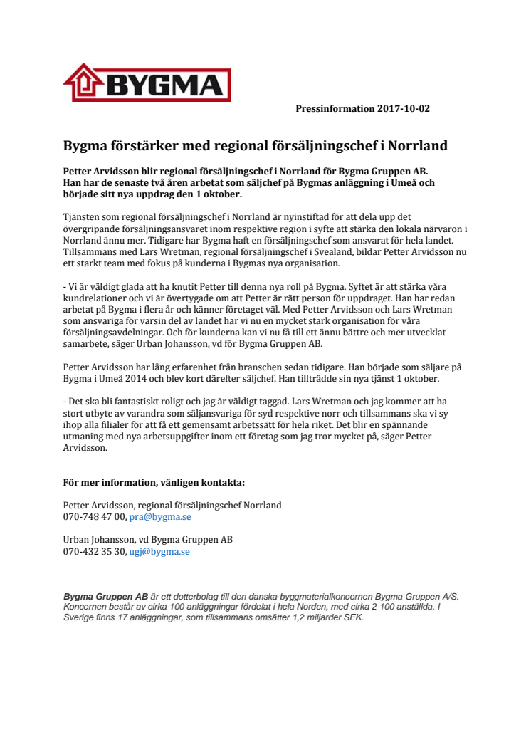 Bygma förstärker med regional försäljningschef i Norrland