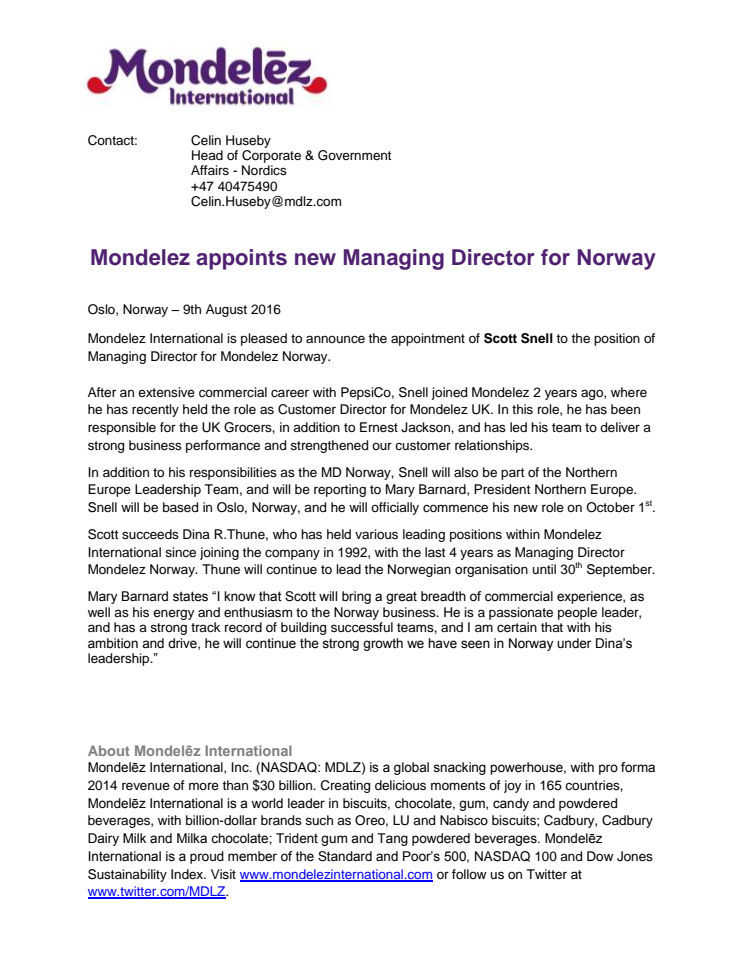 Mondelez appoints new Managing Director for Norway