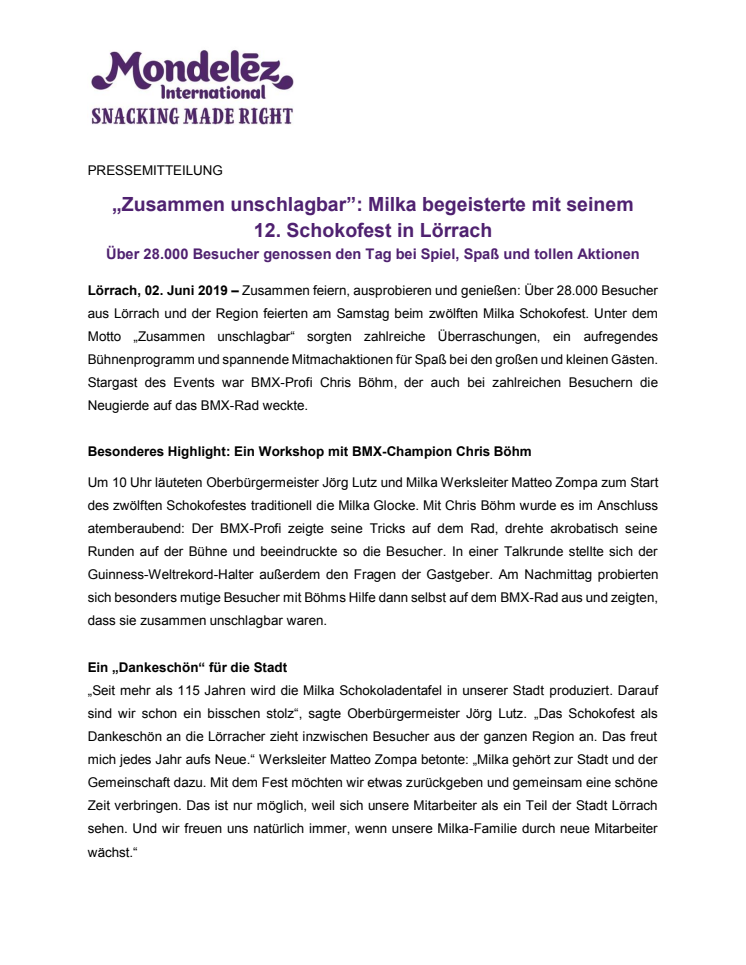 „Zusammen unschlagbar”: Milka begeisterte mit seinem 12. Schokofest in Lörrach