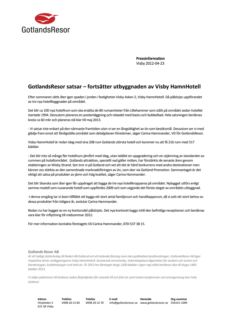 GotlandsResor satsar – fortsätter utbyggnaden av Visby HamnHotell