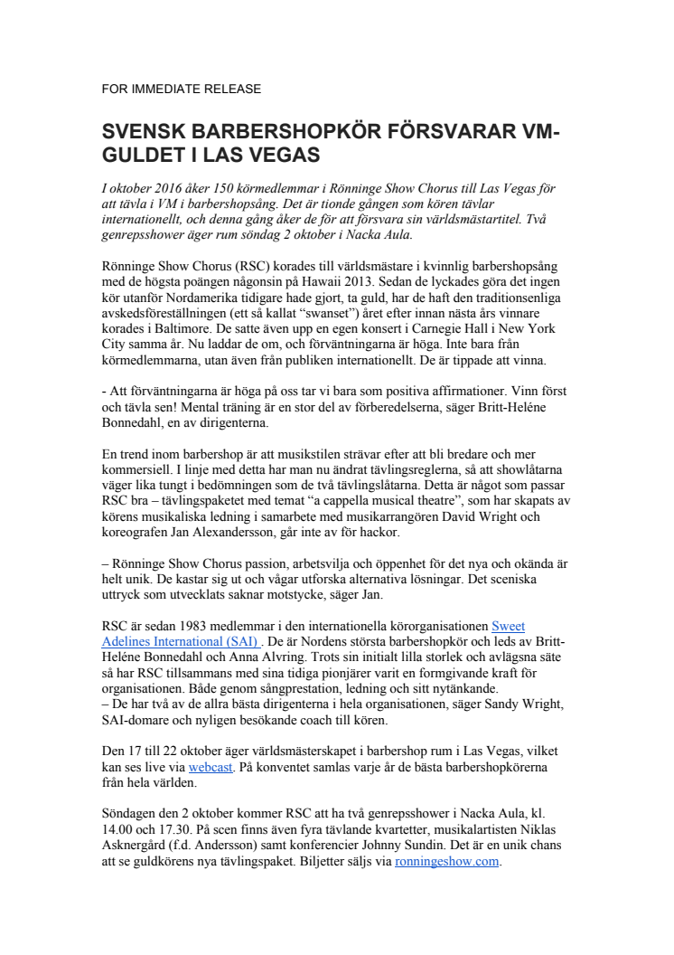 SVENSK BARBERSHOPKÖR FÖRSVARAR VM-GULDET I LAS VEGAS