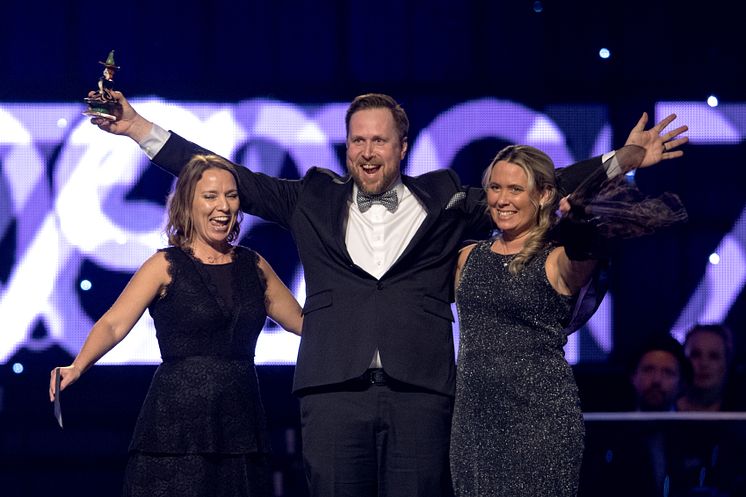 Årets peppare Sara Marklund, Mathias Åström och Carina Söderlind Löfvander, Gerestaskolan, Härnösand under Idrottsgalan den 15 januari 2018 i Stockholm.