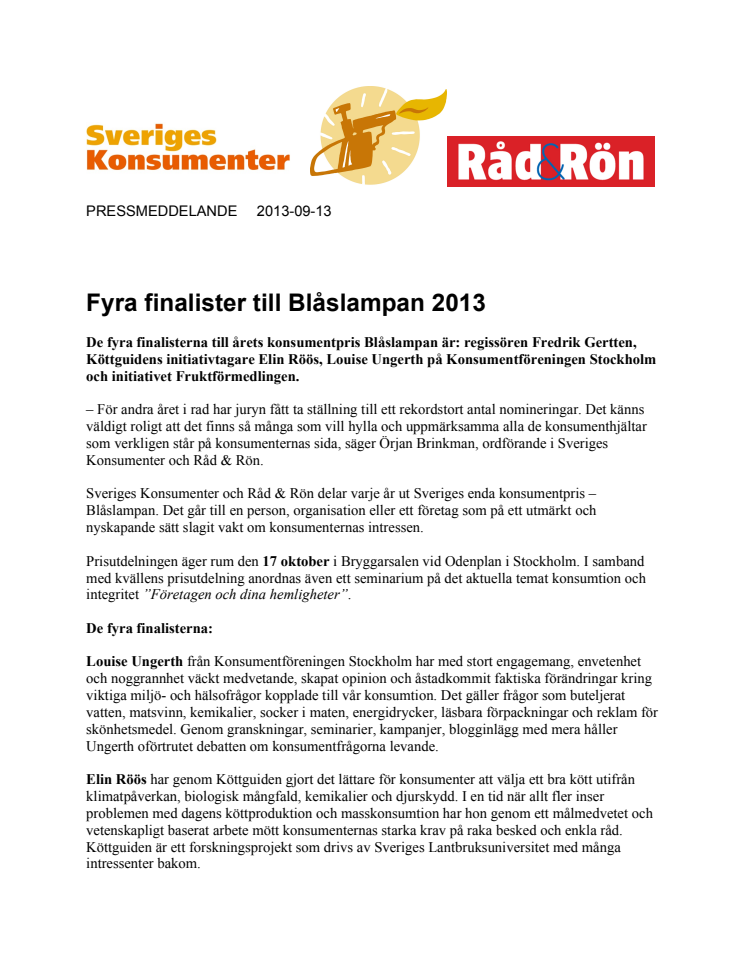 Fyra finalister till Blåslampan 2013