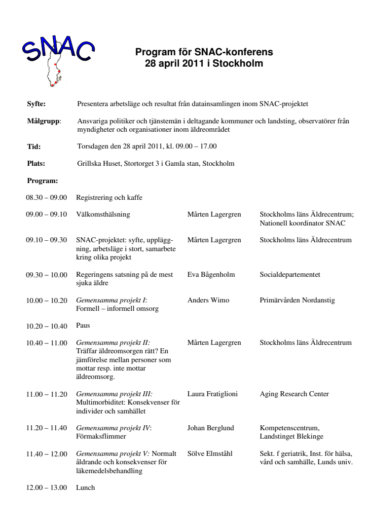 Program för konferens om åldrande och vård i Sverige