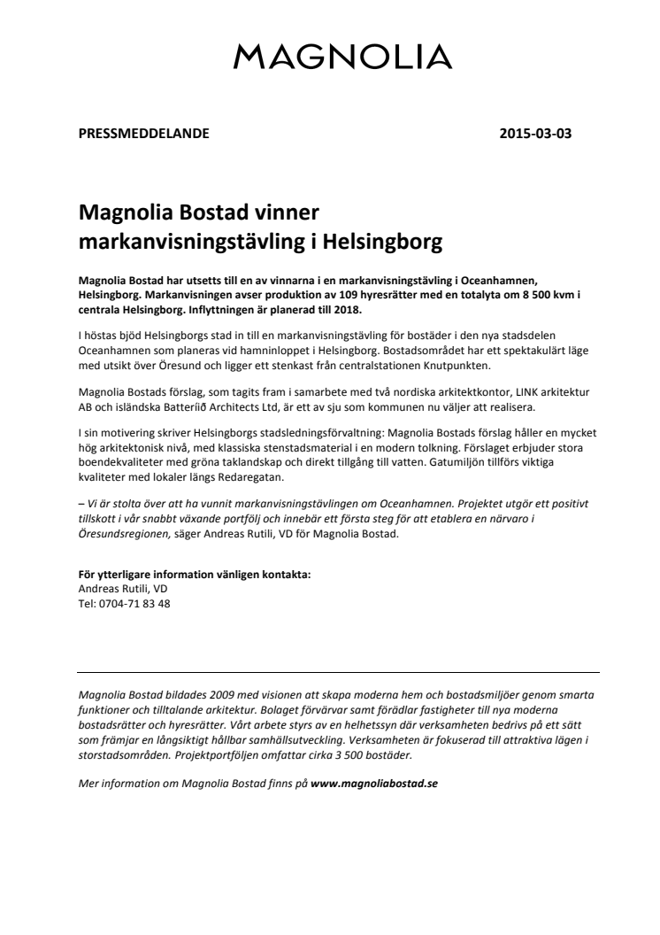Magnolia Bostad vinner  markanvisningstävling i Helsingborg