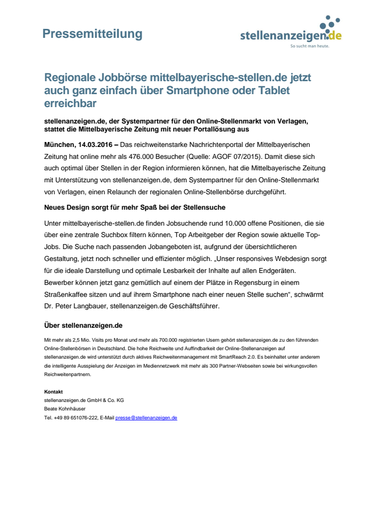 Regionale Jobbörse mittelbayerische-stellen.de jetzt auch ganz einfach über Smartphone oder Tablet erreichbar  