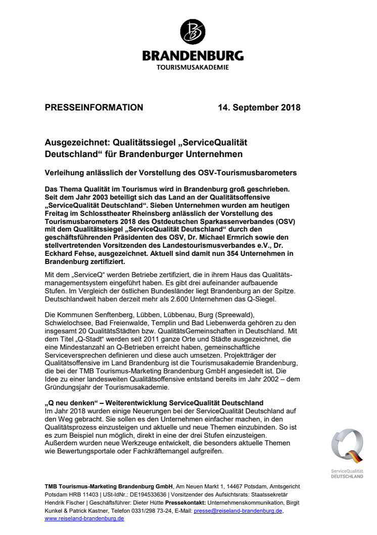Qualitätssiegel „ServiceQualität Deutschland“ für Brandenburger Unternehmen vergeben