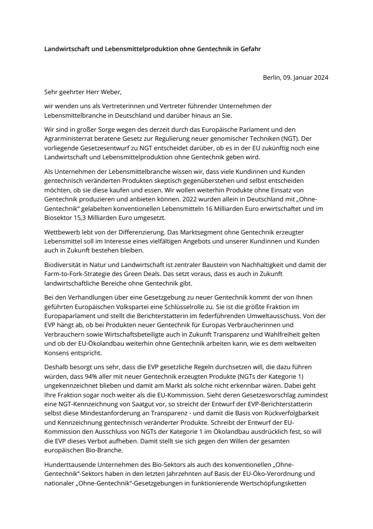 Offener Brief zur Gentechnik-Kennzeichnung an Manfred Weber