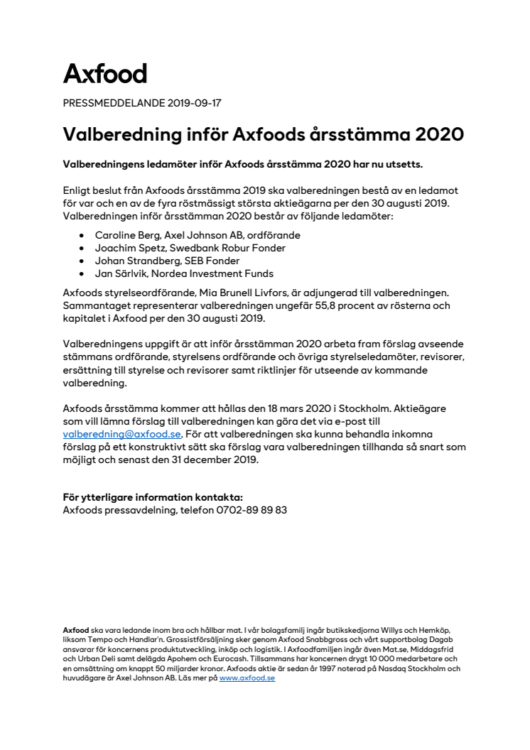 Valberedning inför Axfoods årsstämma 2020