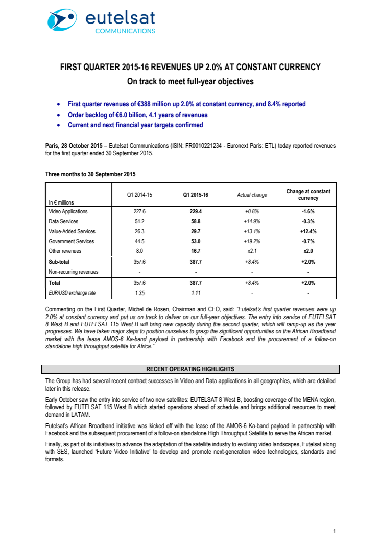 FIRST QUARTER 2015-16 REVENUES UP 2.0% AT CONSTANT CURRENCY