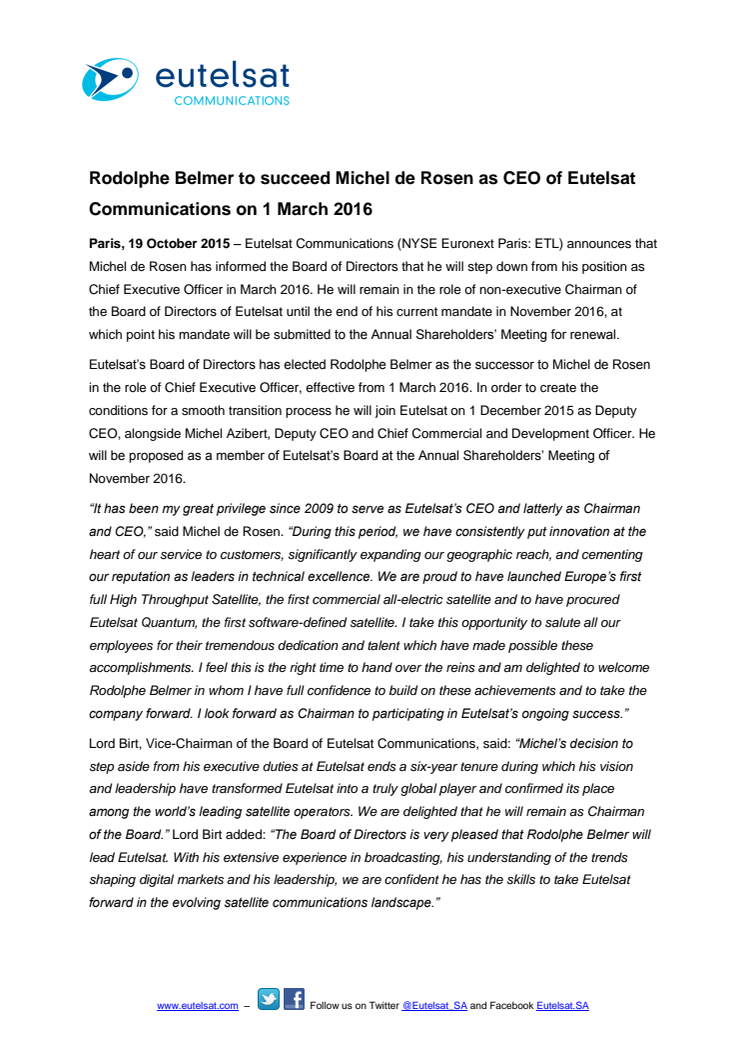 Rodolphe Belmer to succeed Michel de Rosen as CEO of Eutelsat Communications on 1 March 2016