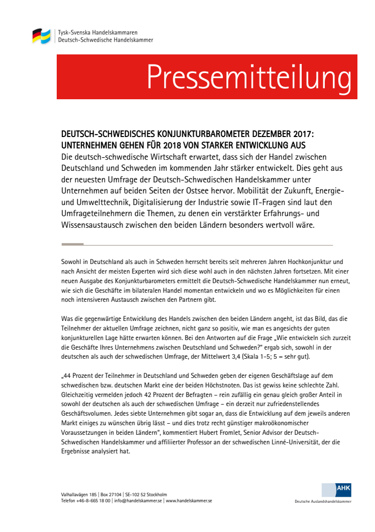 Deutsch-Schwedisches ​Konjunkturbarometer Dezember 2017: Unternehmen gehen für 2018 von starker Entwicklung aus