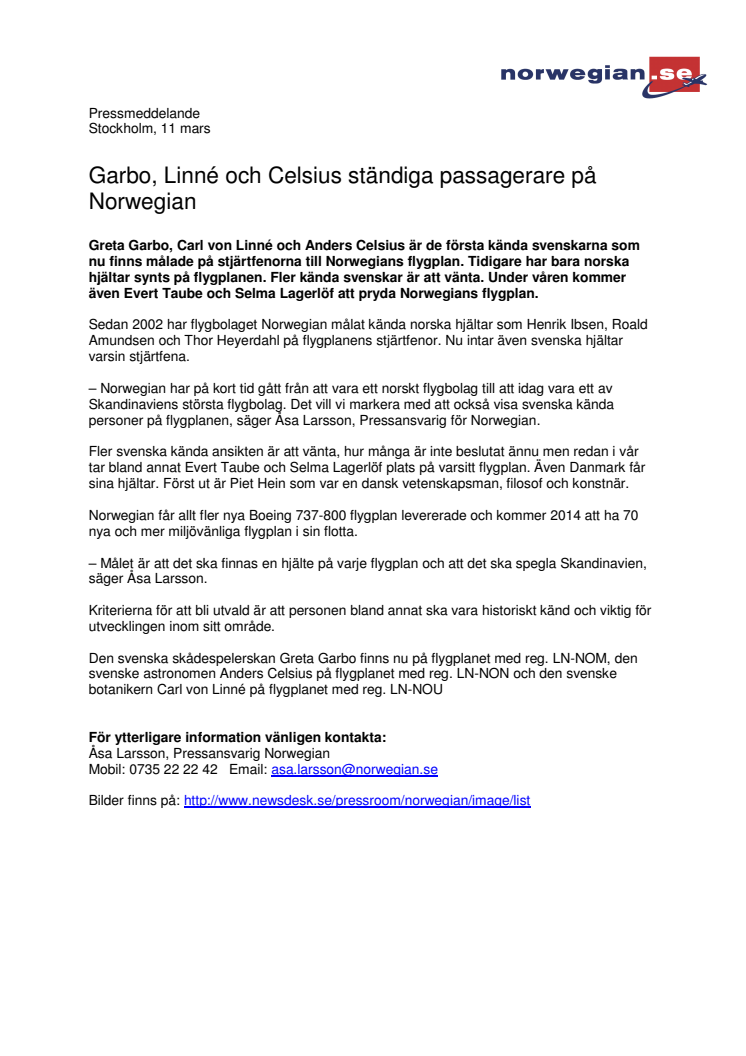 Garbo, Linné och Celsius ständiga passagerare på Norwegian