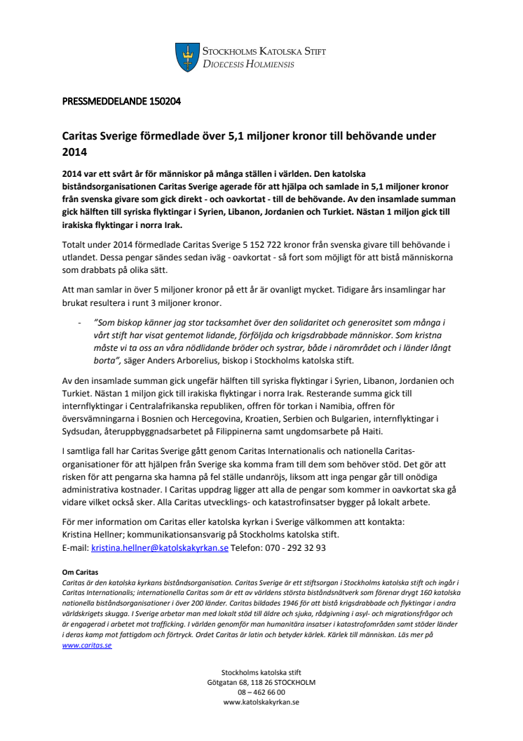 Caritas Sverige förmedlade över 5,1 miljoner kronor till behövande under 2014