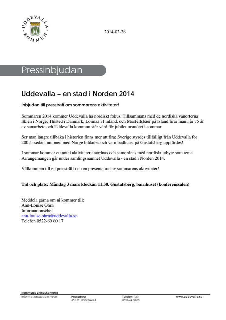 Inbjudan till pressträff - Uddevalla en stad i Norden 2014
