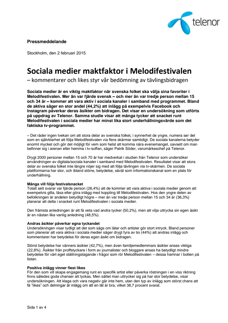 Sociala medier maktfaktor i Melodifestivalen – kommentarer och likes styr vår bedömning av tävlingsbidragen