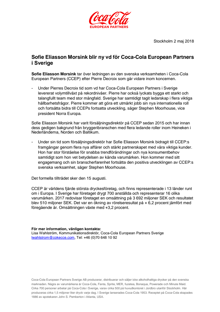 Sofie Eliasson Morsink blir ny vd för Coca-Cola European Partners i Sverige