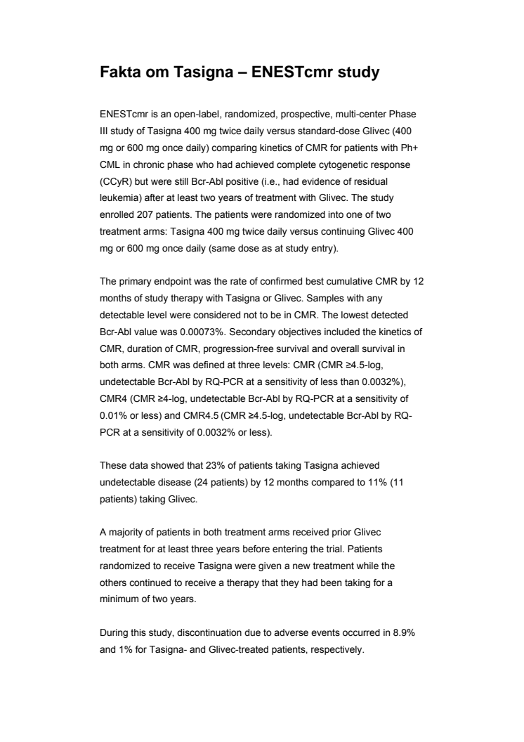 ENESTcmr, studie: Granskar effekten av att byta från Glivec till Tasigna för vuxna patienter med kronisk myeloisk leukemi