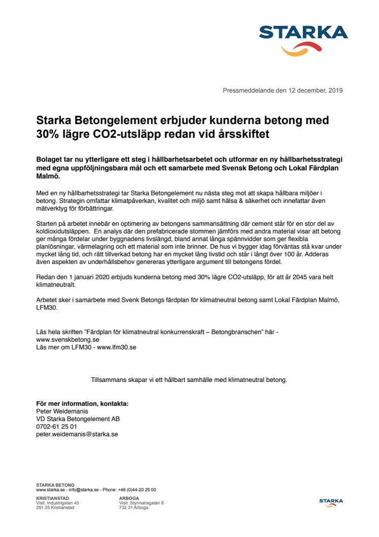 Starka Betongelement erbjuder kunderna betong med 30% lägre CO2-utsläpp redan vid årsskiftet