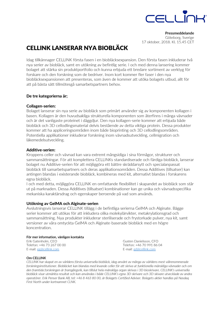 CELLINK lanserar nya biobläck