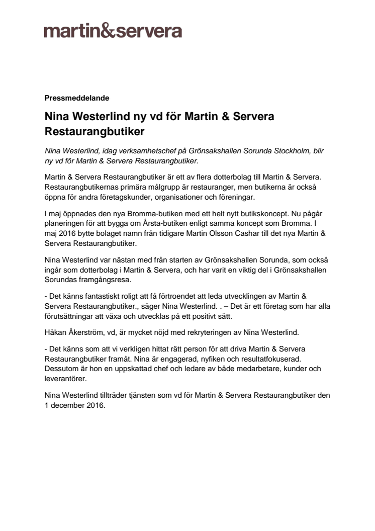 Nina Westerlind ny vd för Martin & Servera Restaurangbutiker
