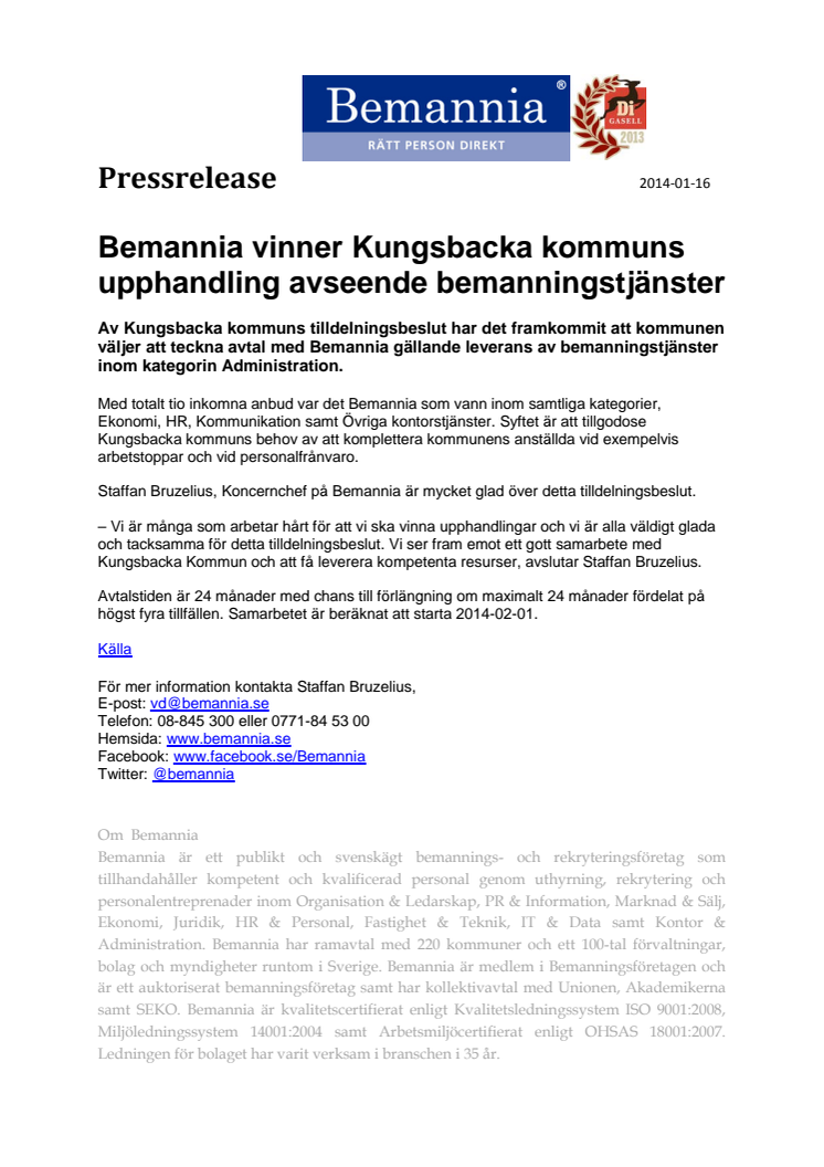 Bemannia vinner Kungsbacka kommuns upphandling avseende bemanningstjänster 