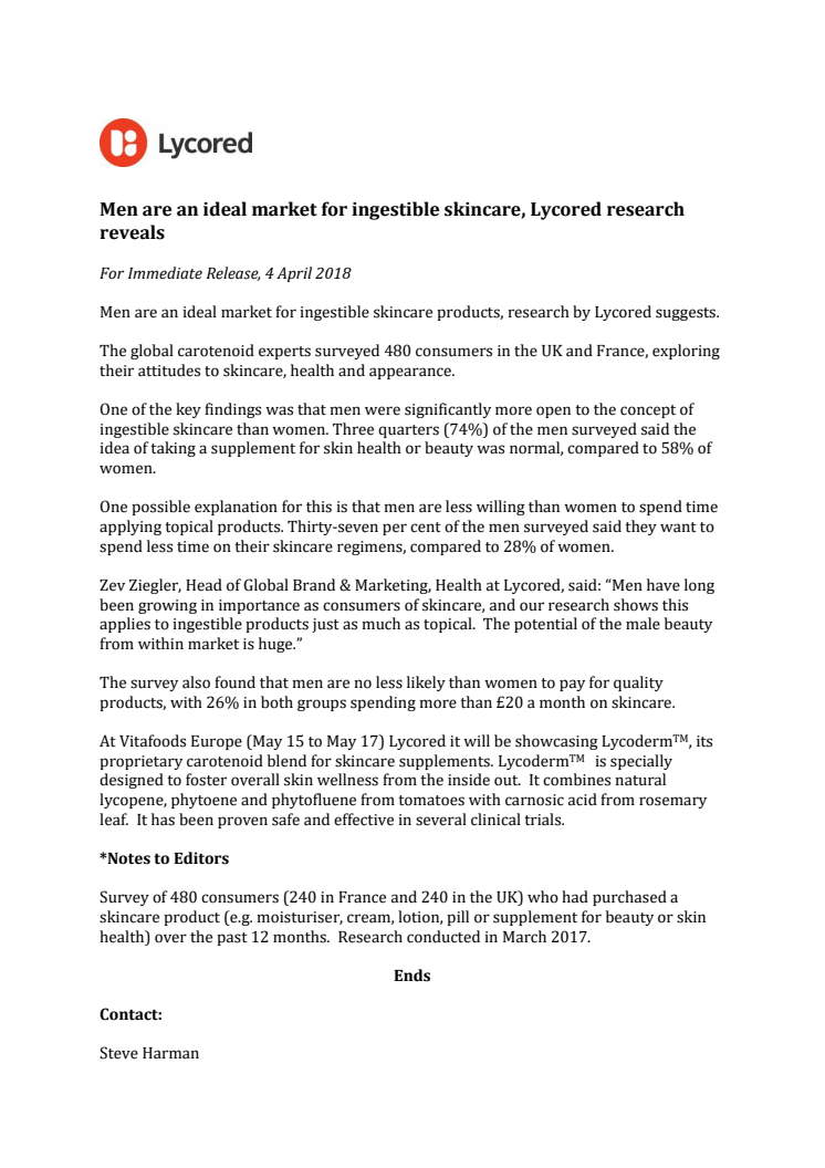 PRESS RELEASE: Men are an ideal market for ingestible skincare, Lycored research reveals