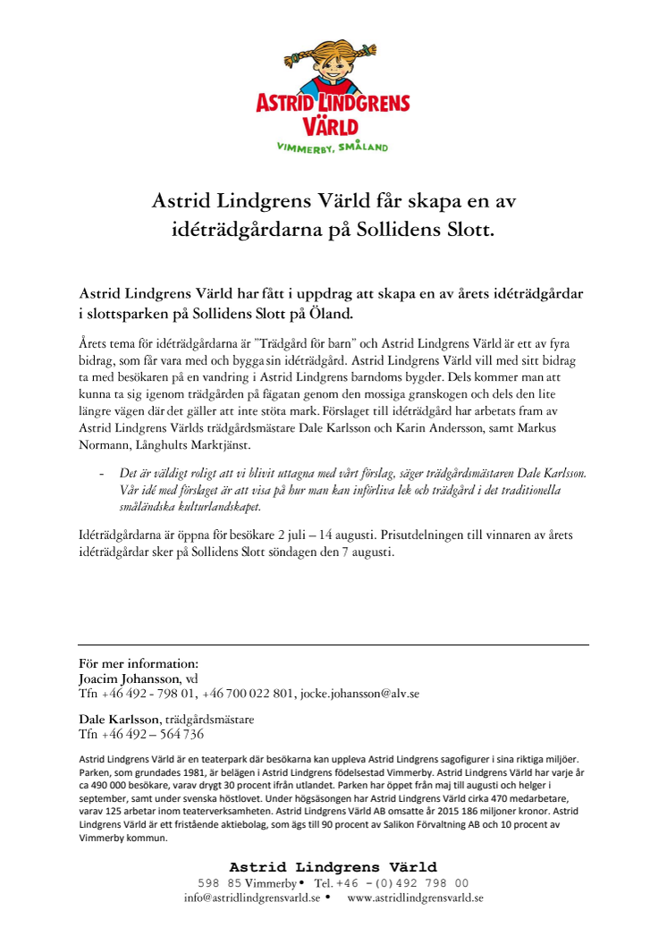 Astrid Lindgrens Värld får skapa en av idéträdgårdarna på Sollidens Slott.