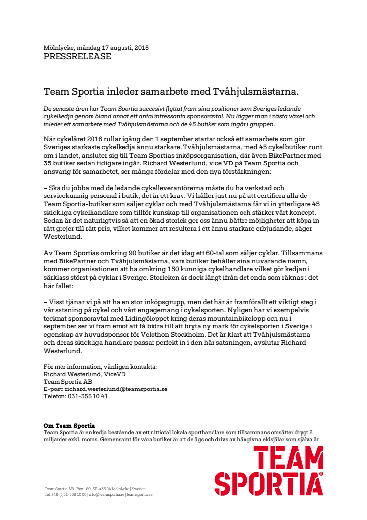 Team Sportia inleder samarbete med Tvåhjulsmästarna.