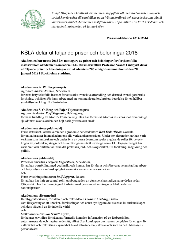 KSLA har utsett 2018 års pris- och belöningsmottagare