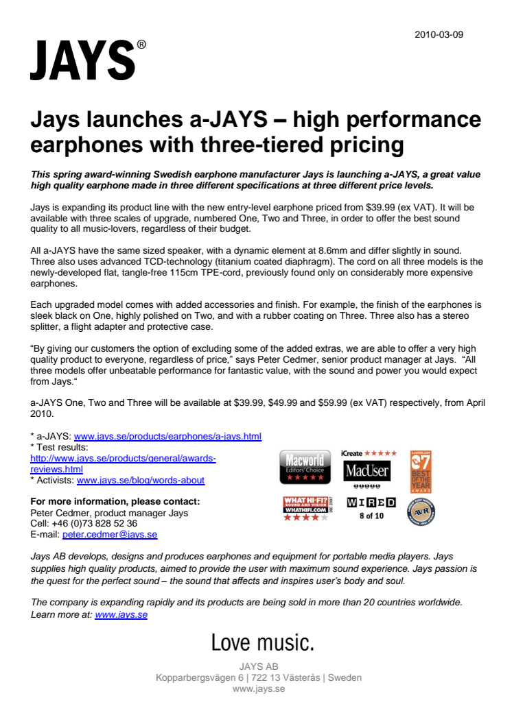 Jays launches a-JAYS – high performance earphones with three-tiered pricing