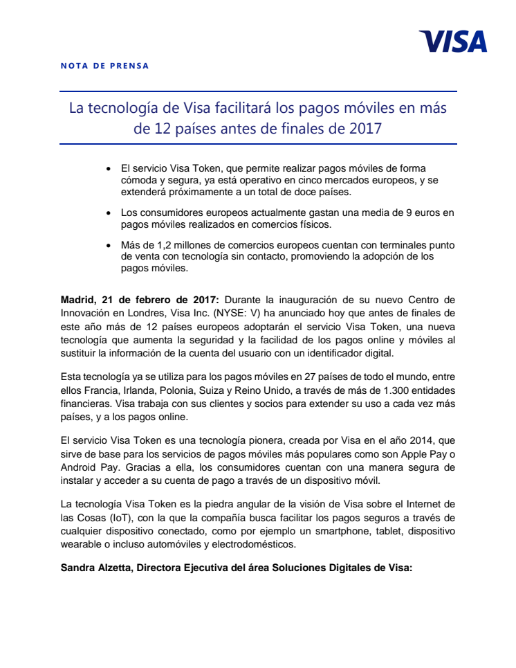 La tecnología de Visa facilitará los pagos móviles en más de 12 países antes de finales de 2017