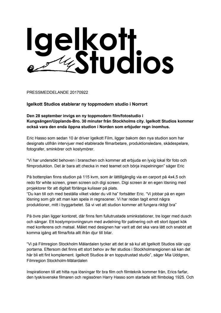 Igelkott Studios etablerar ny toppmodern studio i Norrort