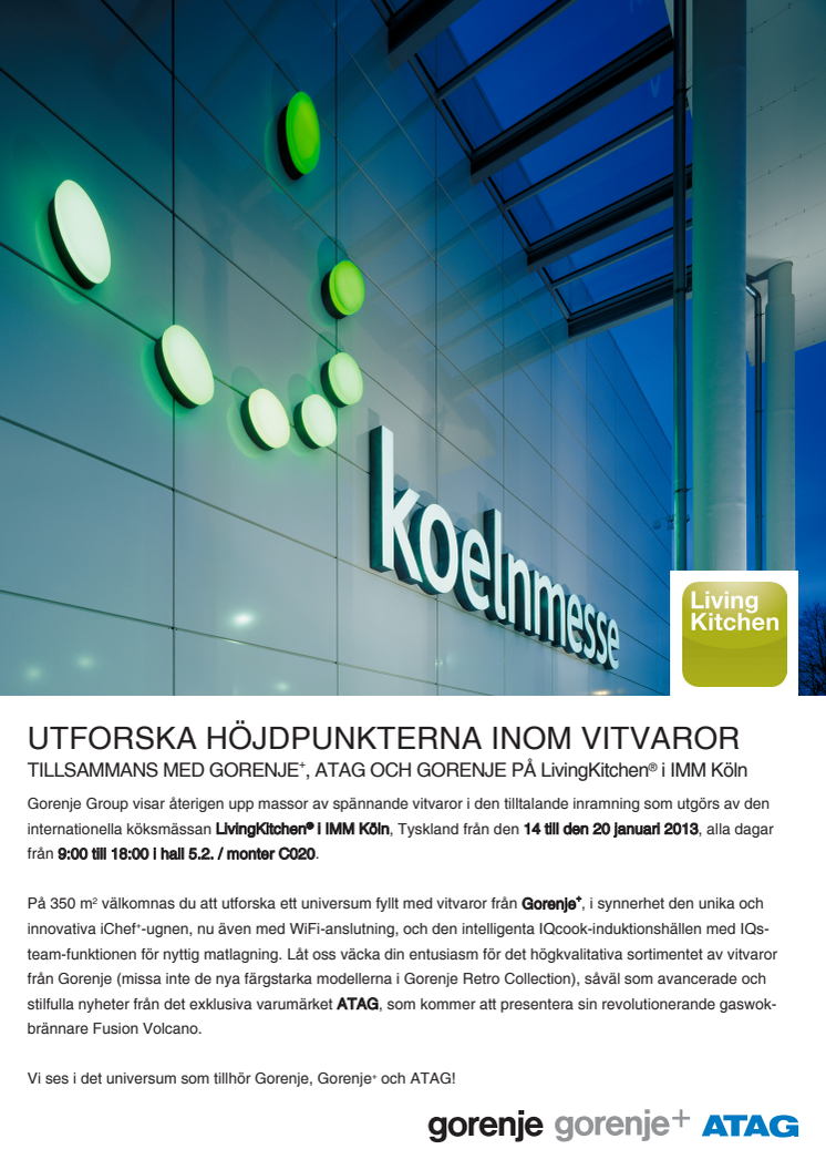 UTFORSKA HÖJDPUNKTERNA INOM VITVAROR TILLSAMMANS MED GORENJE+, ATAG OCH GORENJE PÅ LivingKitchen® i IMM Köln