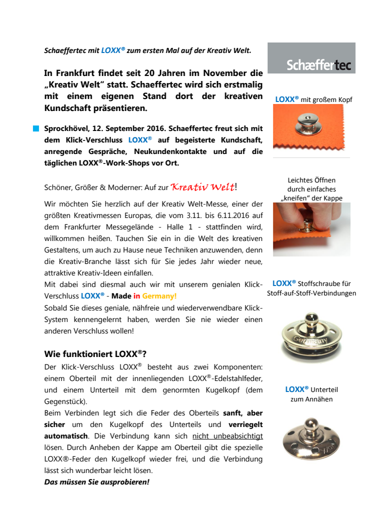 Schaeffertec mit LOXX® zum ersten Mal auf der Kreativ Welt Frankfurt.