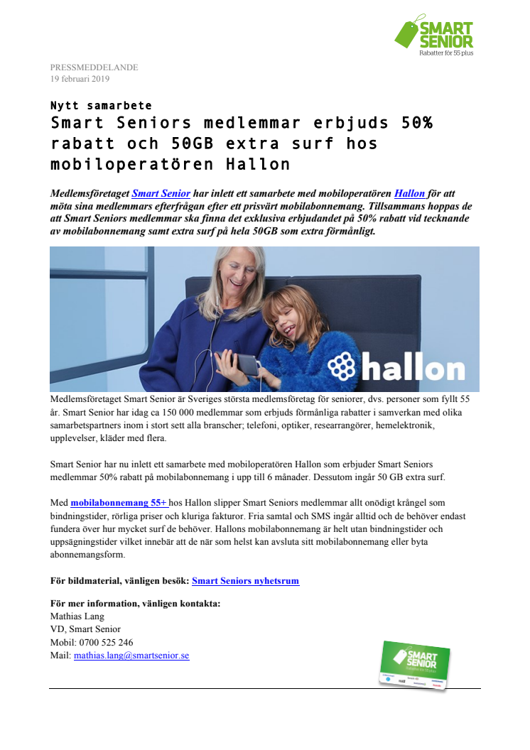 Nytt samarbete: Smart Seniors medlemmar erbjuds 50% rabatt och 50GB extra surf hos mobiloperatören Hallon