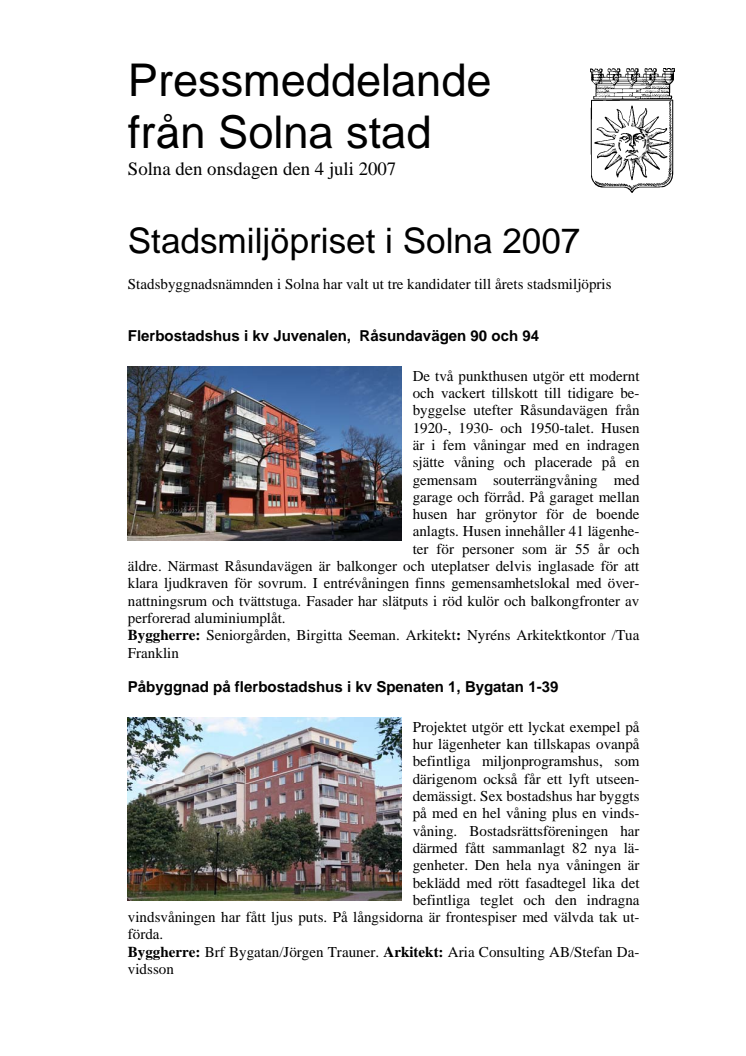 Stadsmiljöpriset i Solna 2007
