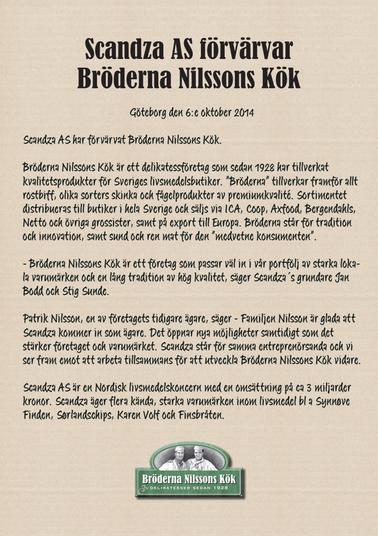 Scandza AS förvärvar  Bröderna Nilssons Kök