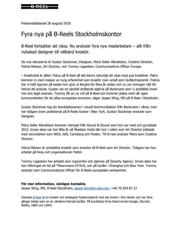 Fyra nya på B-Reels Stockholmskontor
