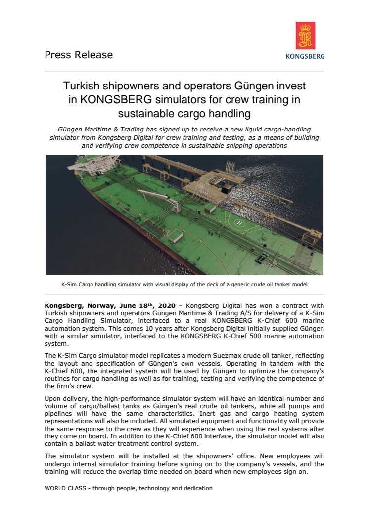 Turkish shipowners and operators Güngen invest in KONGSBERG simulators for crew training in sustainable cargo handling