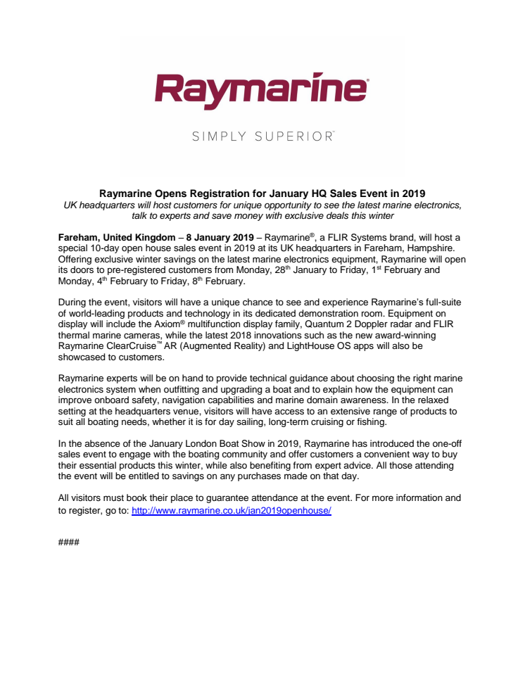 Raymarine: Raymarine Opens Registration for January HQ Sales Event in 2019