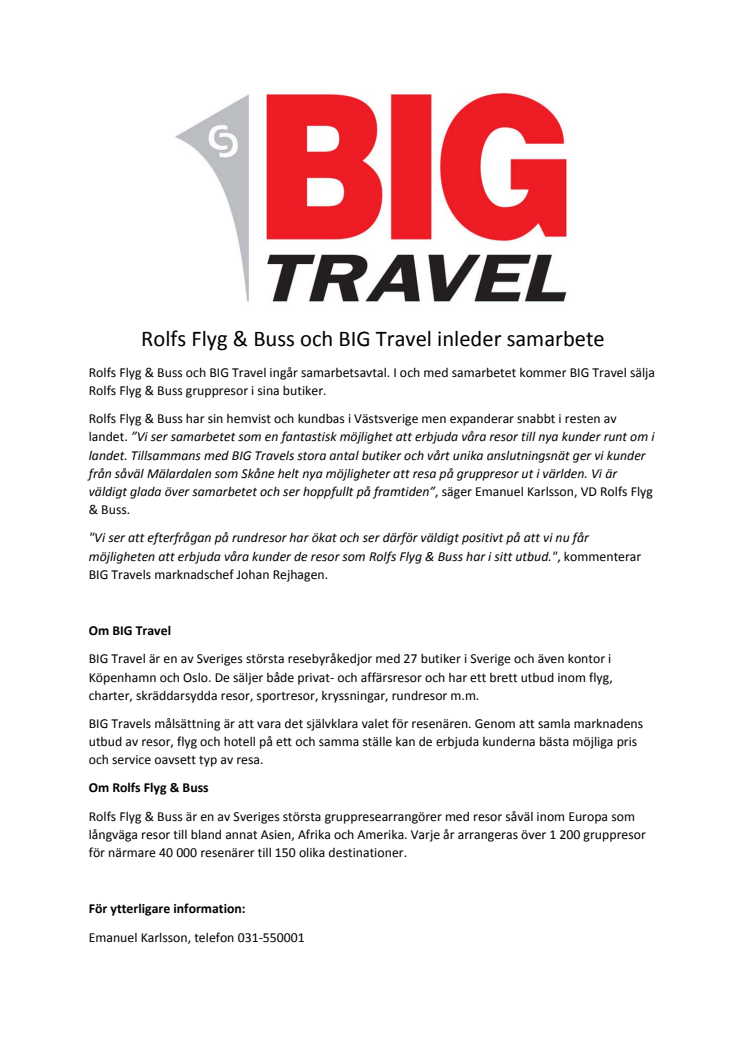 Rolfs Flyg & Buss och BIG Travel inleder samarbete