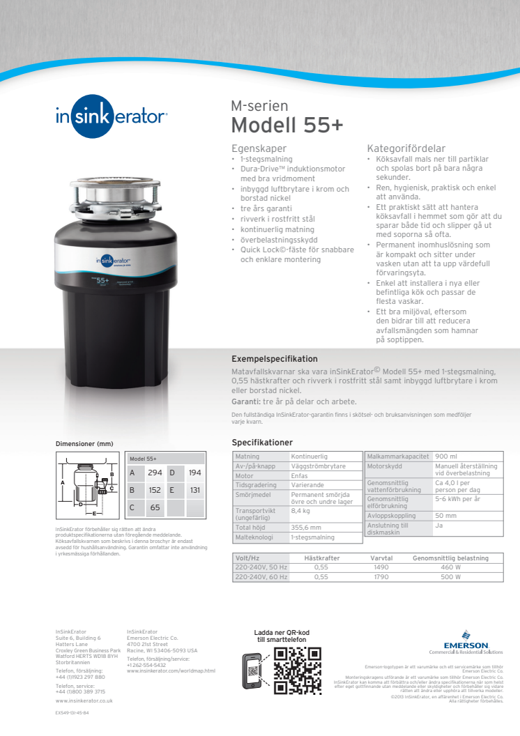 InSinkErator matavfallskvarn produktbroschyr modell 55