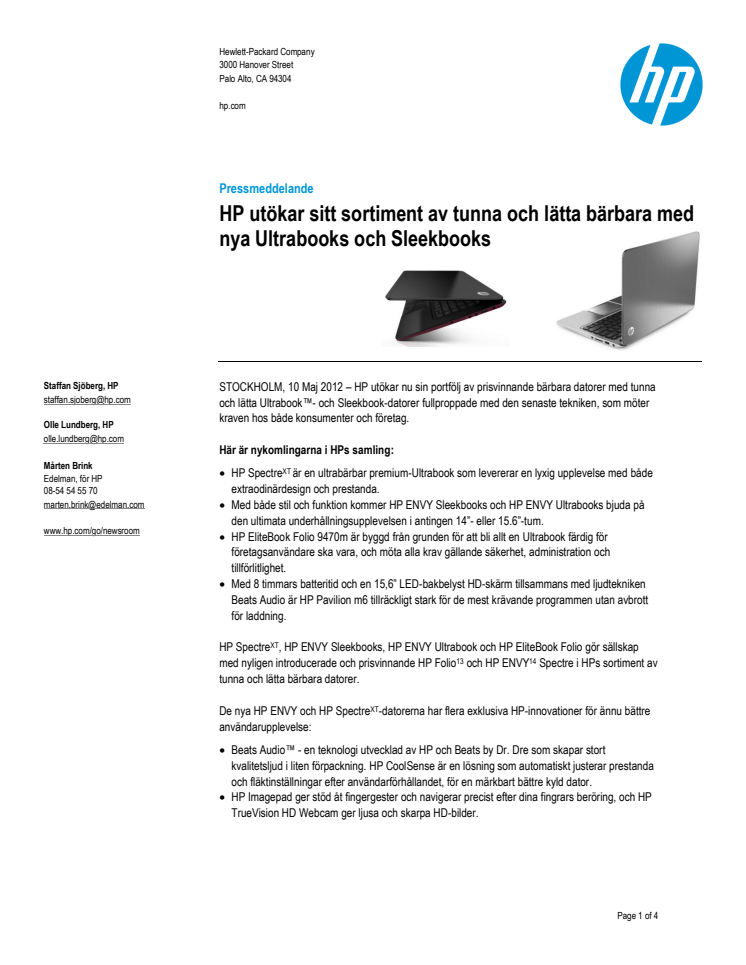 HP utökar sitt sortiment av tunna och lätta bärbara med nya Ultrabooks och Sleekbooks