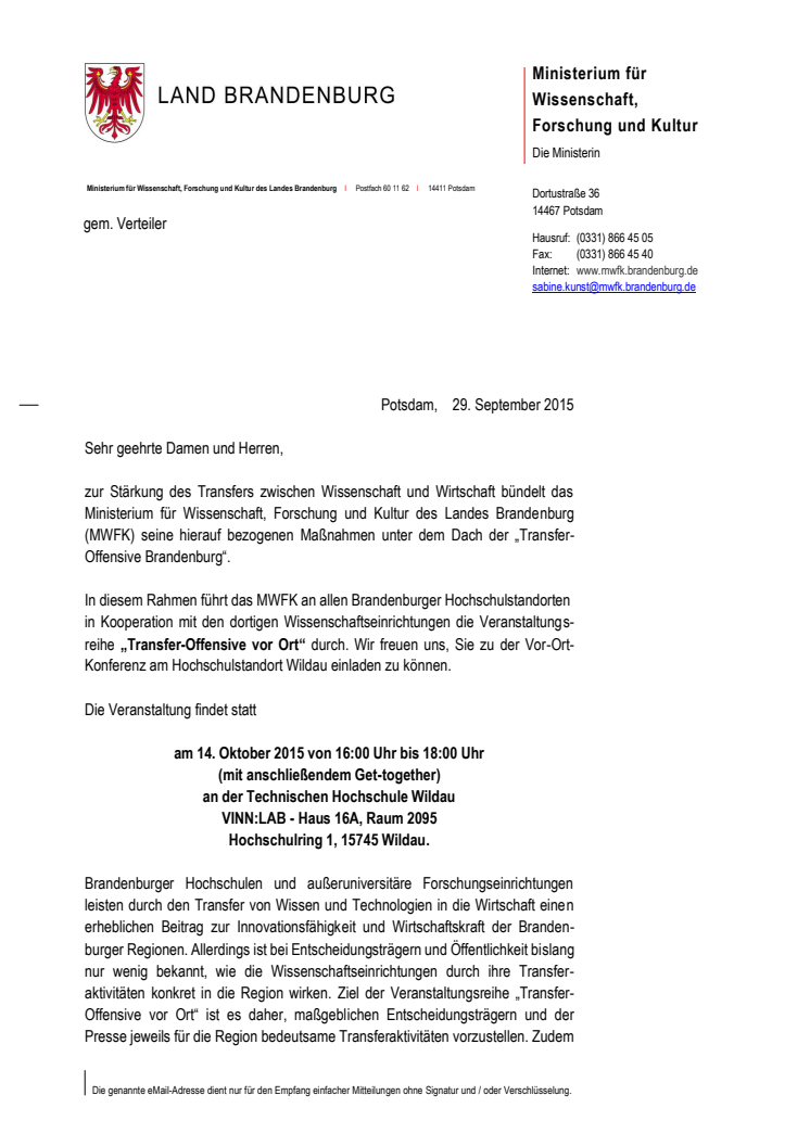 Veranstaltungsreihe "Transfer-Offensive vor Ort" am 14. Oktober 2015 an der TH Wildau