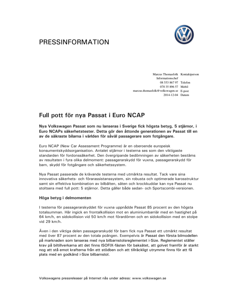 Full pott för nya Passat i Euro NCAP