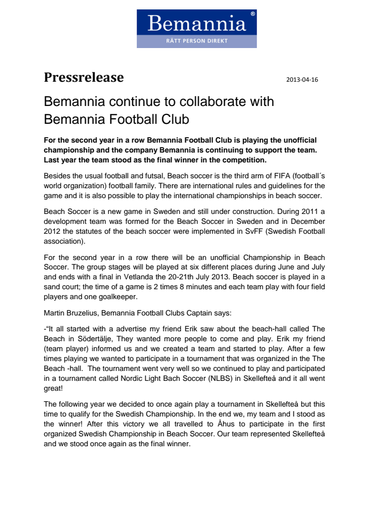 Bemannia continue to collaborate with Bemannia Football Club